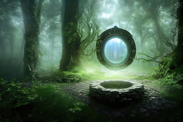 Ein grünes Portal in einem Wald mit einem Steinkreis in der Mitte.