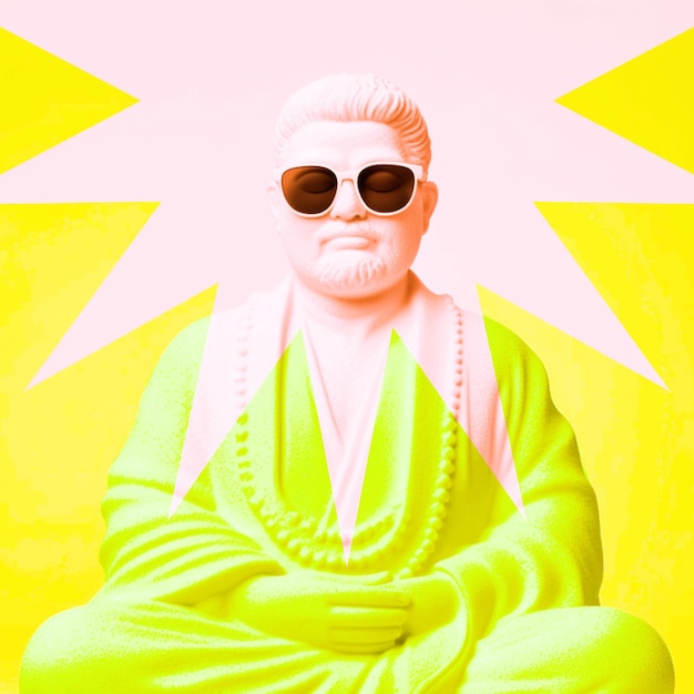 Ein grünes Poster einer Buddha-Statue mit Sonnenbrille