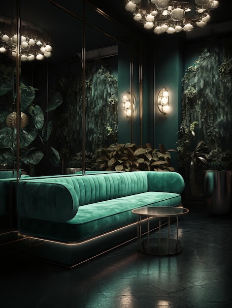 Ein grünes Sofa, das in einem Raum neben einem Tisch in einem stilvollen, teuren Restaurant mit Pflanzen sitzt. KI erzeugt, KI generativ, KI generativ