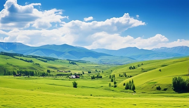 ein grünes Tal mit Bergen und Wolken im Hintergrund