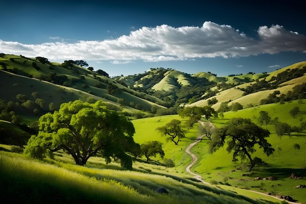 Ein grünes Tal mit Hügeln und Hügeln und Bäumen