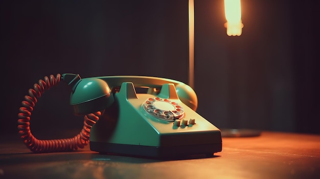 Ein grünes Telefon auf einem Holztisch mit einer Lampe darauf