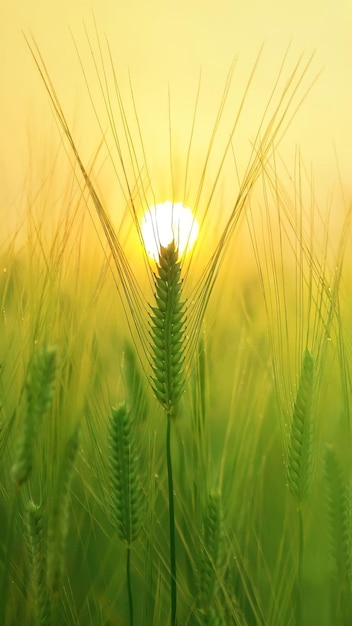 Ein grünes Weizenfeld, hinter dem die Sonne untergeht