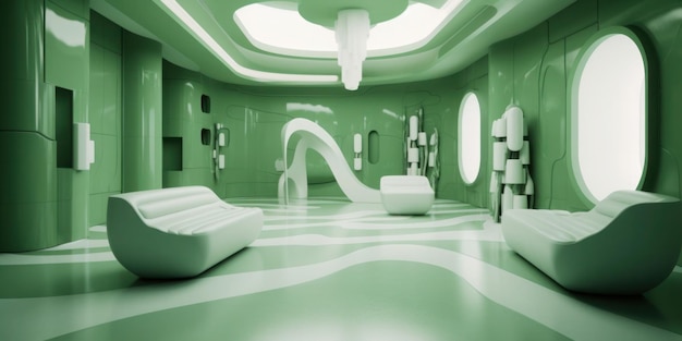 Ein grünes Zimmer mit einer weißen Couch und einer Folie mit der Aufschrift "Das Zimmer ist grün".