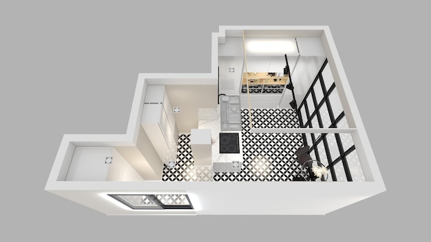 Ein Grundriss eines Studio-Apartments mit Küche und Fenster.