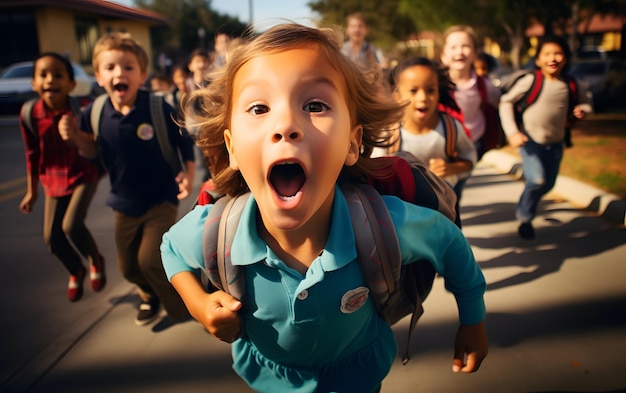 Ein Grundschüler freut sich auf den ersten Tag des Unterrichts Funny Back to School-Konzept