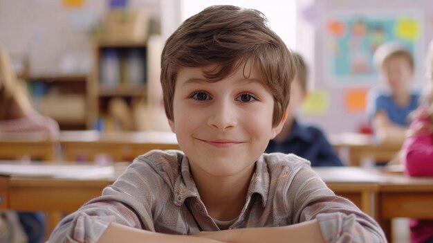 Ein Grundschüler lächelt in der Klasse an seinem Schreibtisch in die Kamera