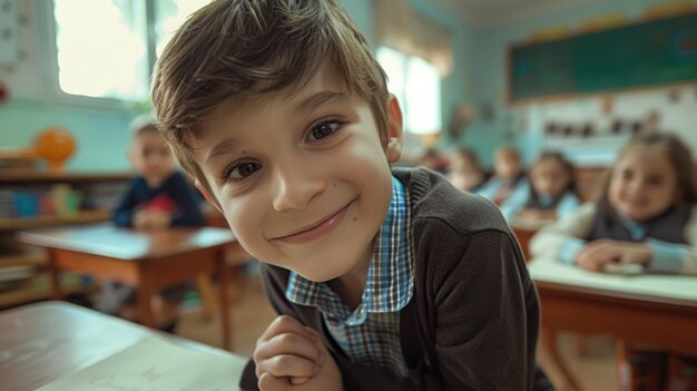 Ein Grundschüler lächelt in der Klasse an seinem Schreibtisch in die Kamera