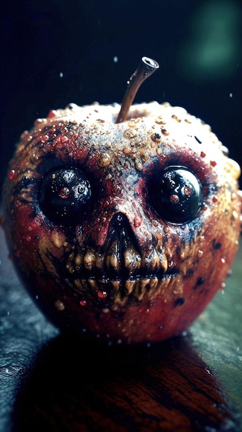 Ein gruseliger Apfel mit Augen und einem Totenkopf darauf