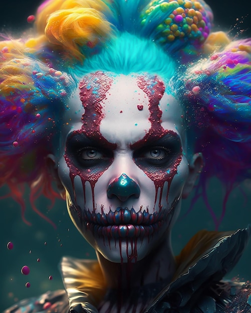 ein gruseliger, bunt bemalter Totenkopf mit Clown-Make-up und Spritzfarben