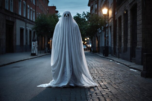 Ein gruseliger Geist, ein Mann, der abends auf der Straße mit einem weißen Laken bedeckt ist.