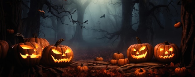 Ein gruseliger, gruseliger Wald mit einem Kürbisfledermausmond in einer gruseligen Halloween-Nacht. Generative KI