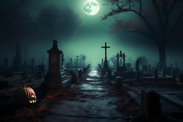 ein gruseliger Halloween-Friedhof mit Vollmond im Hintergrund