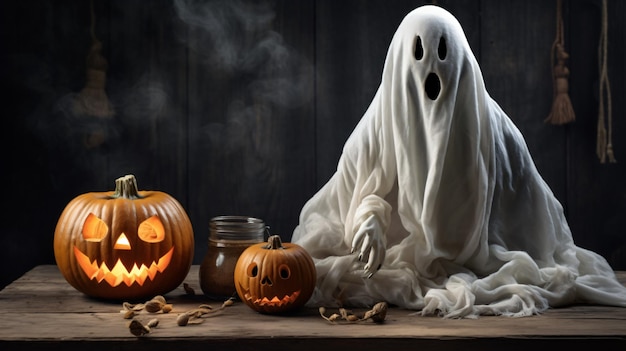 Ein gruseliger Halloween-Kürbis und ein Geist auf einem Holztisch