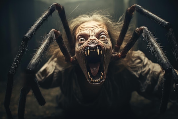 Foto ein gruseliges bild einer person, die nahtlos mit einer spinne verschmolzen ist und schrecken und arachnophobie hervorruft