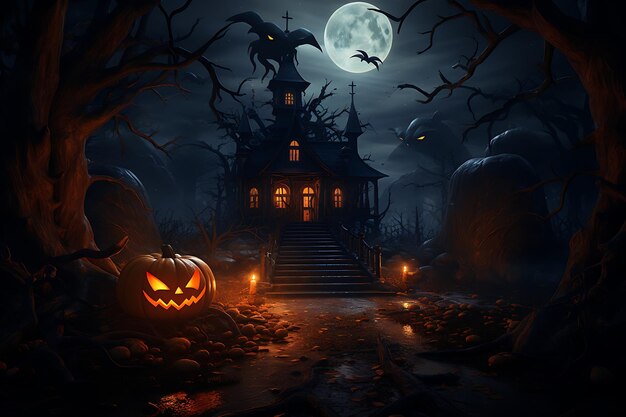 ein gruseliges Haus mit einem Halloween-Kürbis auf der Vorderseite