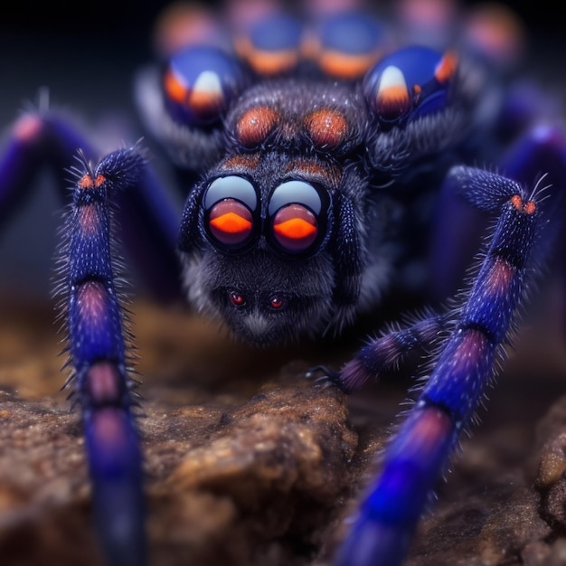 Ein gruseliges Makro-Spinnentier kriecht aus nächster Nähe im Fokus der farbenfrohen Mitternacht