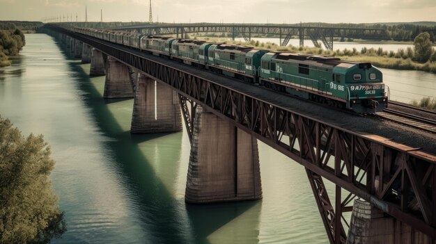 Ein Güterzug, der eine Brücke über einen Fluss überquert, wurde von einer KI generiert