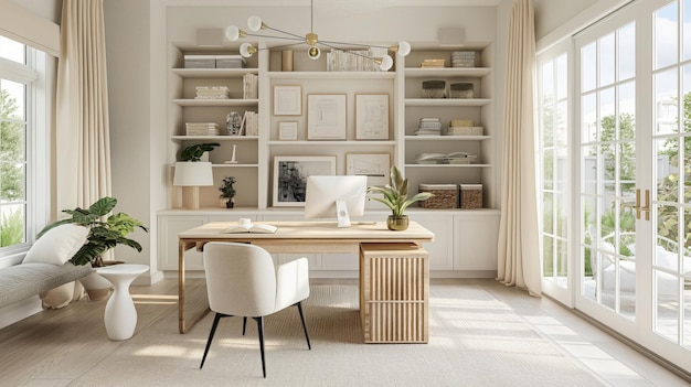 Ein gut beleuchtetes, minimalistisches Büro mit einer neutralen Farbpalette und einer modernen Einrichtung