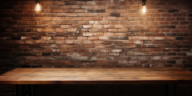 Ein gut beleuchtetes Zimmer mit einem alten Holztisch auf einem dunklen Backstage aus Ziegelsteinen