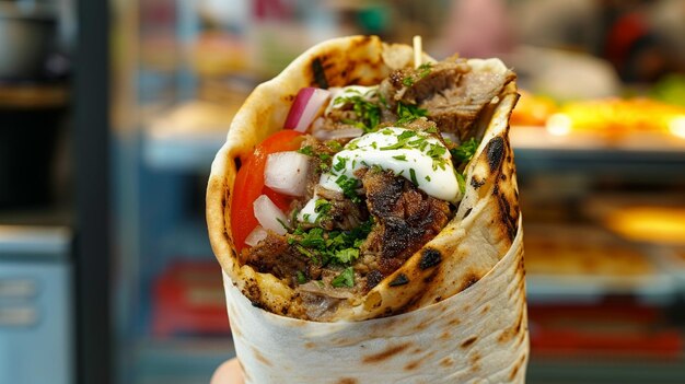 Ein Gyros-Wrap mit dünn geschnittenem gegrilltem Fleisch, Tomaten, Zwiebeln und Tzatziki-Sauce, gewickelt in ein weiches, warmes Pita-Brot, gegen einen belebten Straßenmarkt.