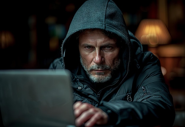 Ein Hacker in einem schwarzen Hoodie sitzt an einem Tisch mit einem Laptop gegen einen dunklen Hintergrund.