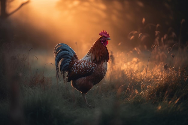 Ein Hahn auf einem Feld, auf den die Sonne scheint