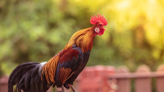 Foto ein hahn mit schönen federn in der morgensonne