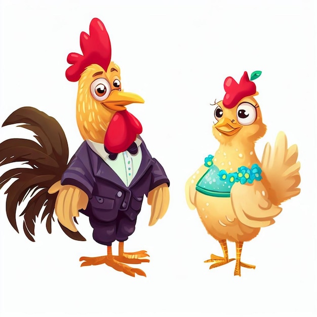 Ein Hahn und eine Henne heiraten in einem wunderschönen Kostüm. Sie zeigen Zeichen von Liebe und Wut