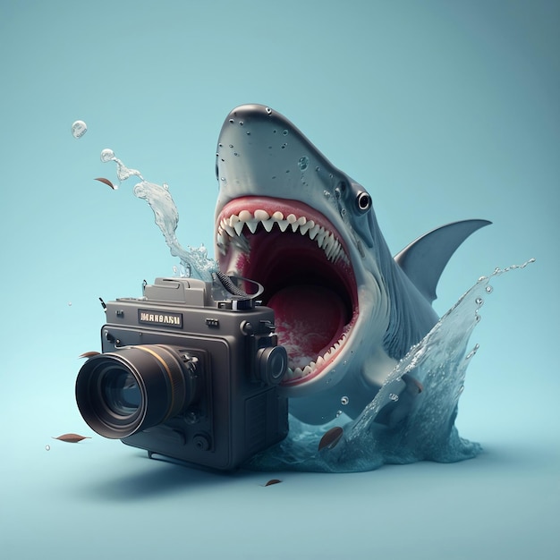 Ein Hai greift eine Kamera in einem fotorealistischen Stillleben an, aufgenommen mit generativer KI in 8K-Auflösung