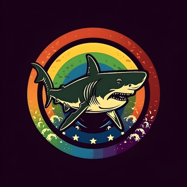 Ein Hai mit einem Regenbogenkreis im Hintergrund