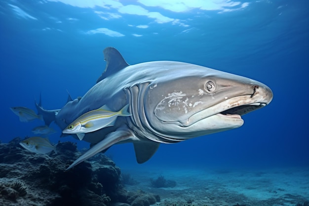 Foto ein hai mit einem sehr großen maul, der im ozean schwimmt