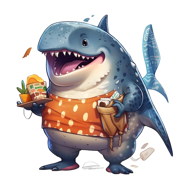 Ein Hai mit Hemd, der Fast Food isst