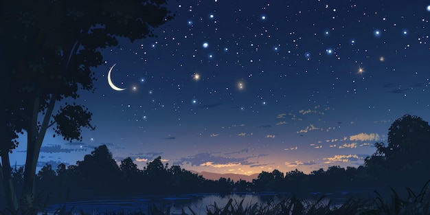 Ein Halbmond beleuchtet den Nachthimmel über einem ruhigen See