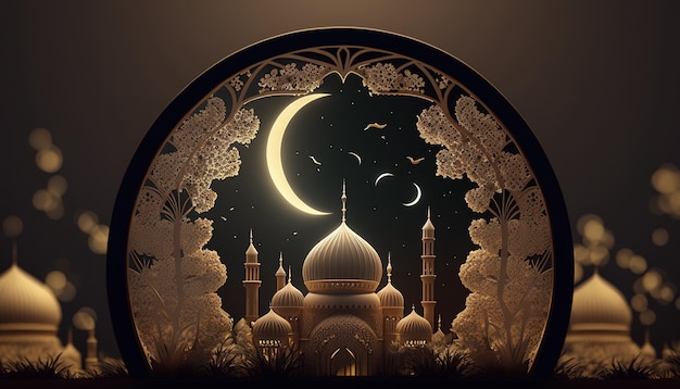 Ein Halbmond im Fenster der Moschee und ein arabisches Ornament Banner im islamischen Stil für die Produktpräsentation Schöne muslimische Einladung Eid Mubarak Religionshintergrund Generative KI