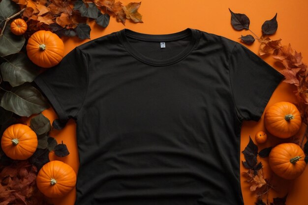 Ein Halloween-inspiriertes Modell eines schwarz-weißen Damen-T-Shirts mit Kürbissen und Blättern