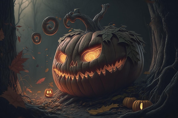 Ein Halloween-Kürbis mit gruseligen Augen und ein gruseliger Kürbis im Dunkeln.