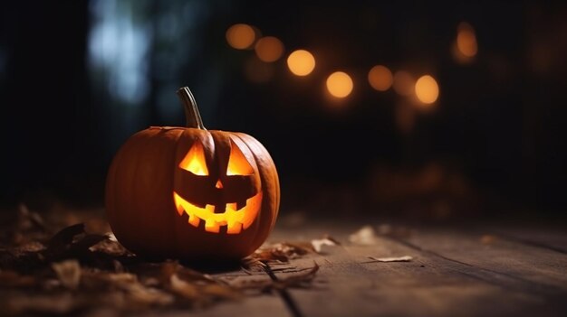 Ein Halloween-Kürbis mit leuchtendem Gesicht sitzt auf einem Holzboden.