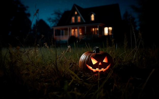 Ein Halloween-Kürbis sitzt nachts vor einem Haus.
