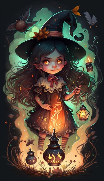 Ein Halloween-Poster mit einer Hexe, die eine Laterne hält, und den Worten „Halloween“ auf der Unterseite.