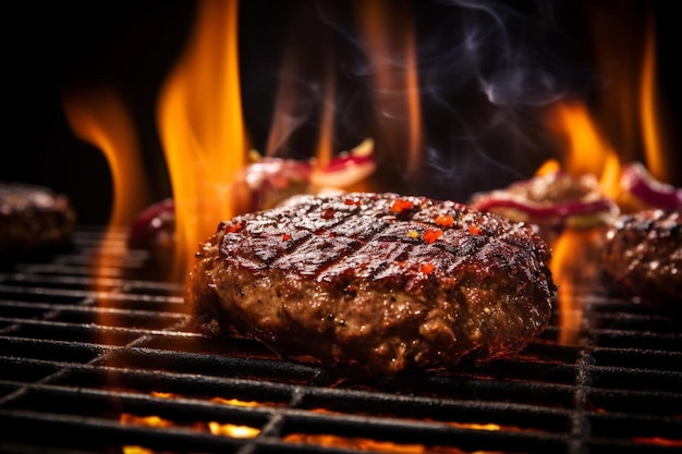 ein Hamburger auf einem Grill mit Flammen und einem Feuer dahinter.