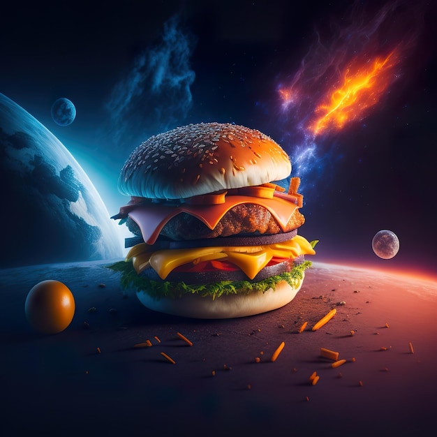 Ein Hamburger mit blauem Hintergrund und Orangen darauf.
