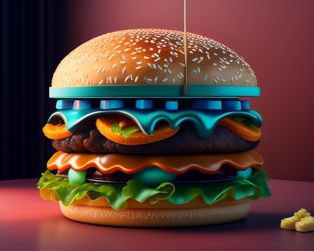 Ein Hamburger mit blauer Soße darauf und rotem Hintergrund.
