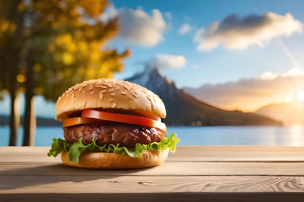 Foto ein hamburger mit blick auf einen berg im hintergrund.