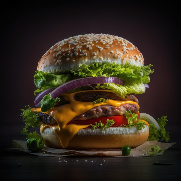 Ein Hamburger mit dunklem Hintergrund und einem Bund Zwiebeln darauf