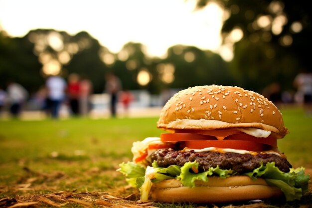 Foto ein hamburger mit einem brot sitzt auf dem gras