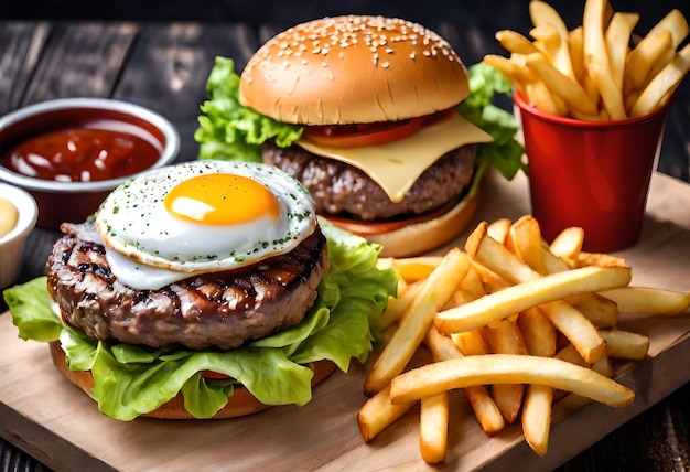 ein Hamburger mit einem Ei und Pommes Frites