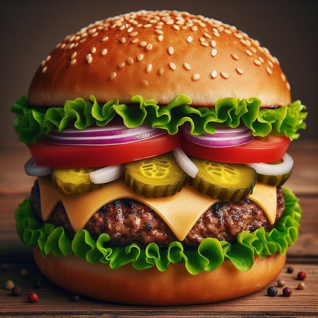 Foto ein hamburger mit einem hamburger darauf, der viel käse hat
