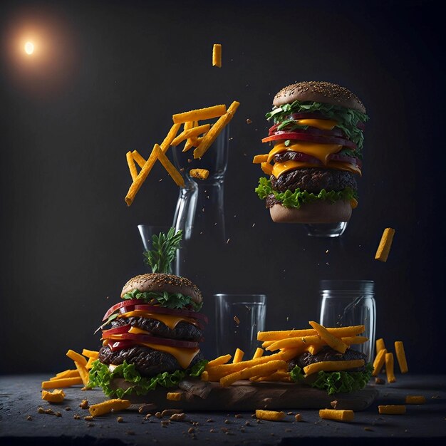 Ein Hamburger mit einem Paket Pommes Frites und einer mit Saft gefüllten Soda-Tasse