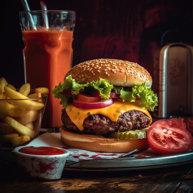 Ein Hamburger mit einem roten Strohhalm daneben